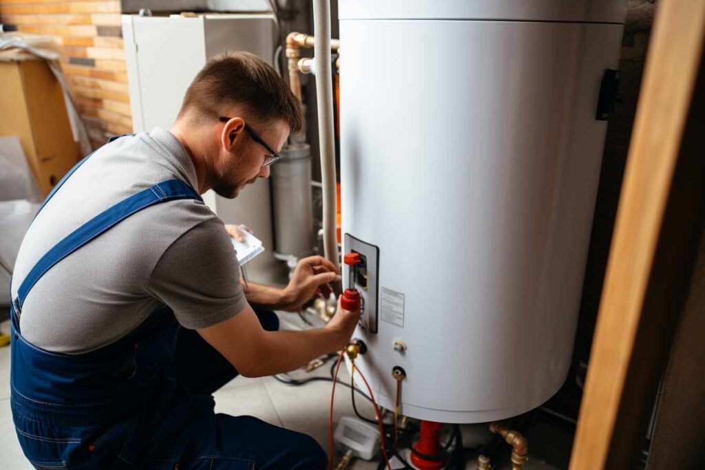 Certified plumber performing hot water tank replacement in Vancouver home