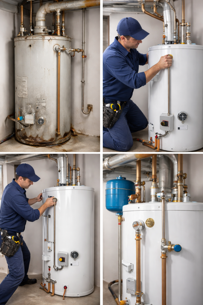 Before and after hot water tank installation in Vancouver home showing new plumbing connections