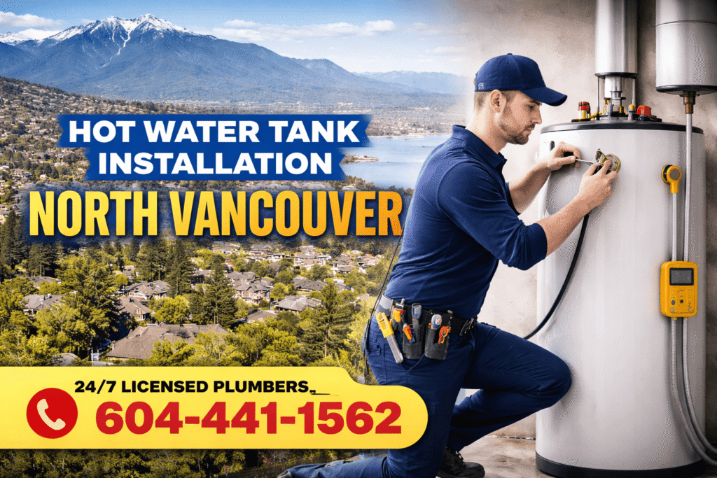 Hot water tank installation in North Vancouver by licensed plumbers, 24/7 service, upfront pricing, free estimate, call 604 441 1562