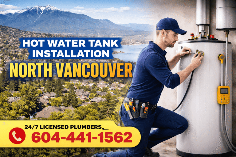 Hot water tank installation in North Vancouver by licensed plumbers, 24/7 service, upfront pricing, free estimate, call 604 441 1562
