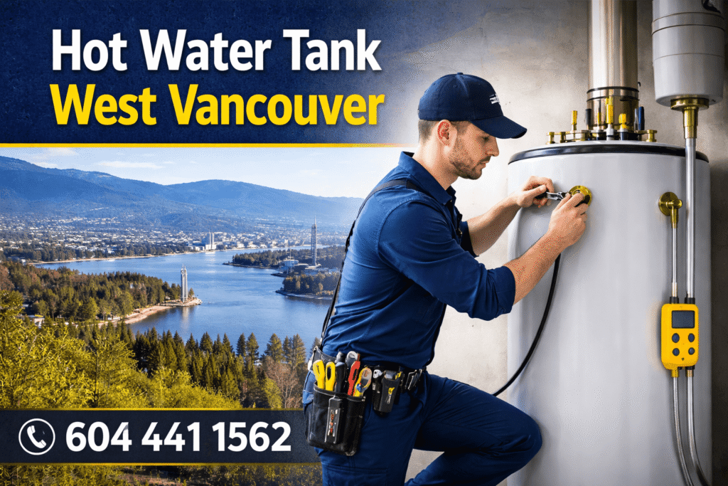 Hot water tank installation West Vancouver BC by licensed plumber 24/7 emergency service call 604 441 1562 residential gas electric water heater replacement and installation