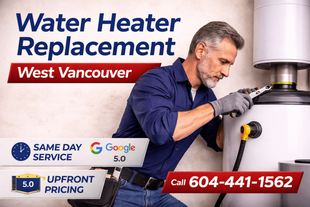 water heater replacement West Vancouver by experienced plumber installing new hot water tank same day service